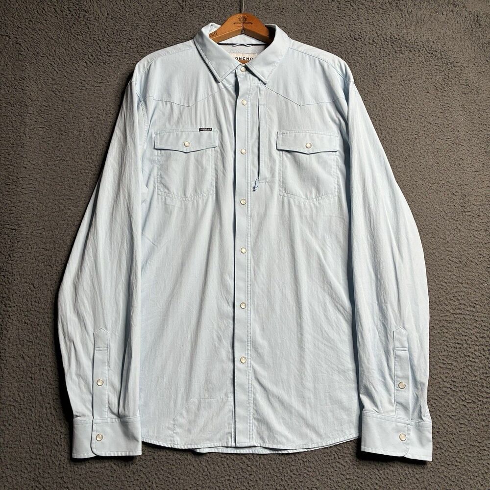 Poncho Performance Western Pearl Snap Men Sz 2XL Slim Fit Blue Yoke Vented